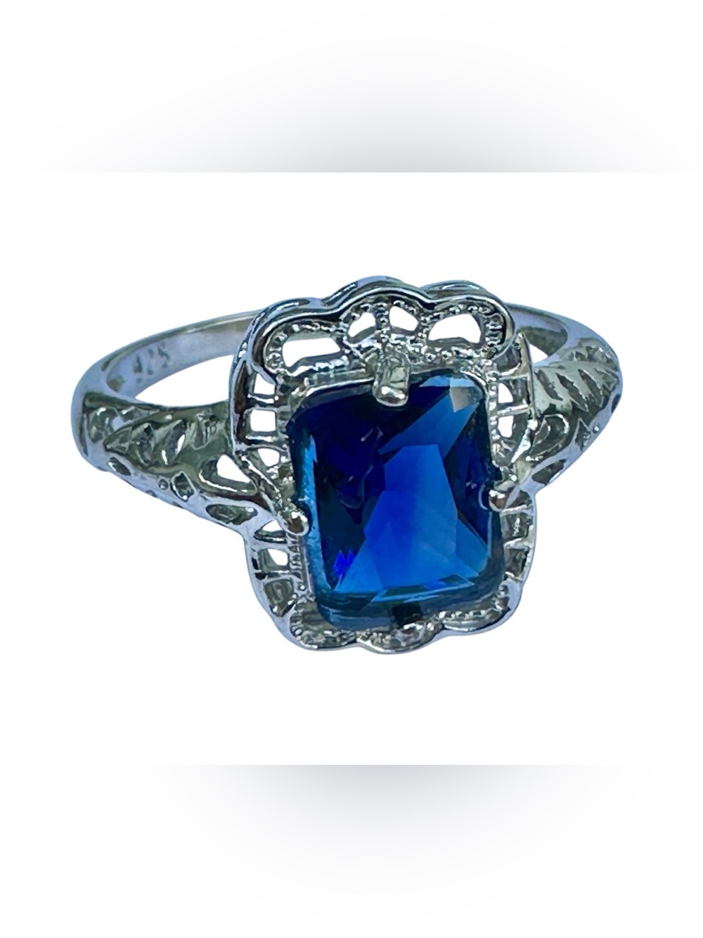925 Sterling Silver Blue Sapphire Filigree Ring Size 9 - Picture 6 of 7